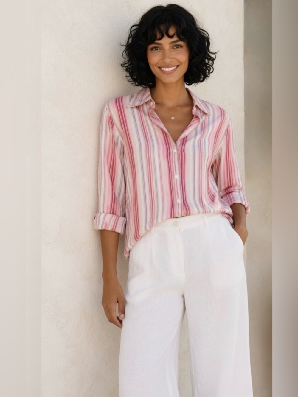 Façonnable Striped Button Down Shirt / Pink Multi / Size Large
